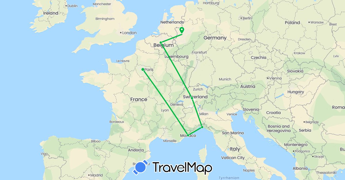 TravelMap itinerary: driving, bus in Belgium, Switzerland, Germany, France, Italy (Europe)